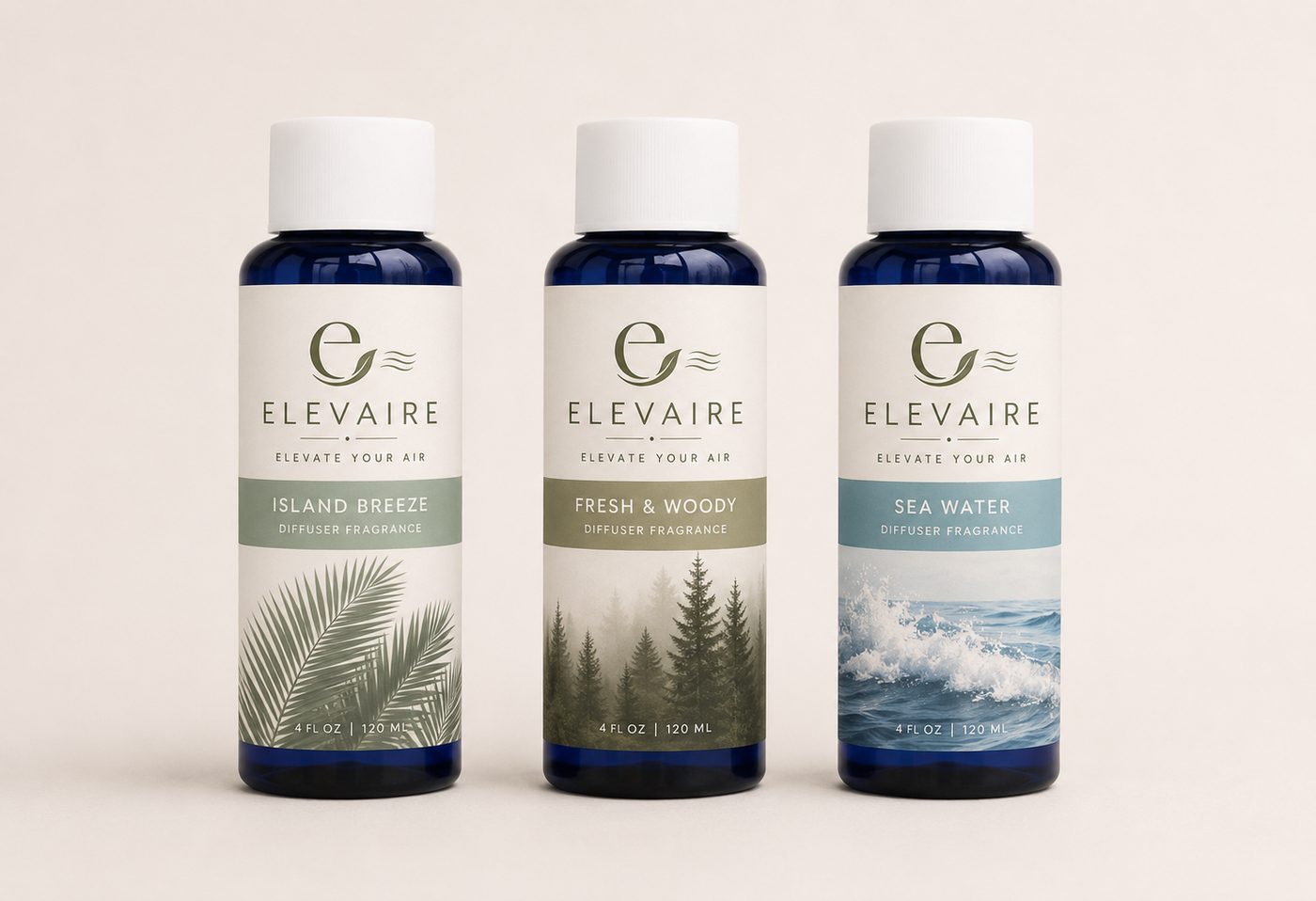 Elevaire liquid aroma oils — Island Breeze, Fresh & Woody, and Sea Water diffuser fragrances